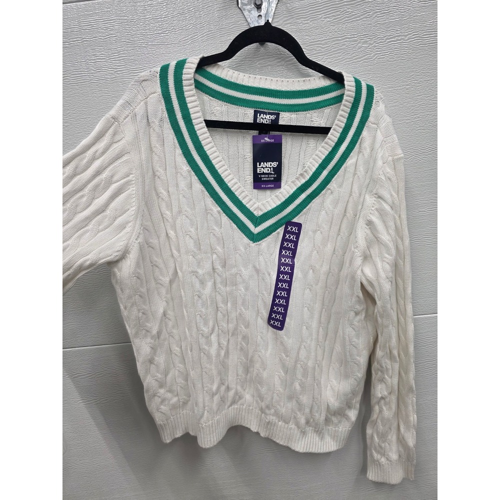 Lands End Womens XXL V-Neck Cable Knit Sweater Ivory White Green Stripe Varsity